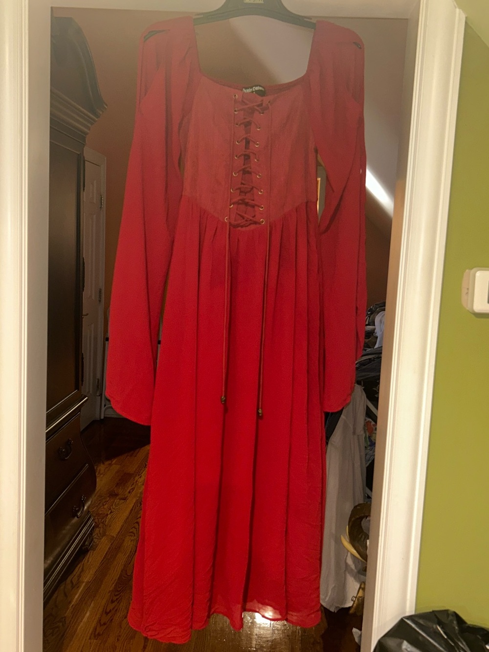 Women's Red Long-Sleeve lace up long Dress